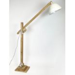 FLOOR LAMP, Industrial articulated design, wood frame with riveted metal shade, max height 220cm