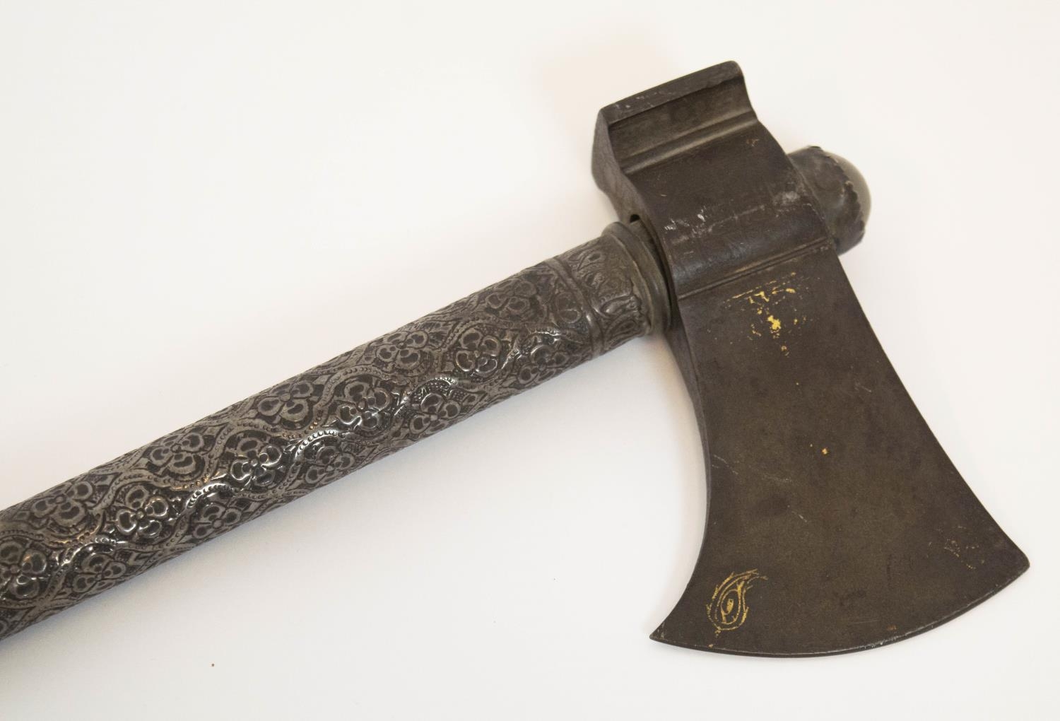 A 'TARBARZIN' PERSIAN SADDLE AXE, 19th century, traces of gilt decoration to blade with rock crystal - Image 2 of 9