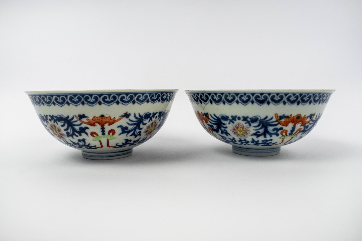 CHINESE DOUCAI ENAMELED BOWLS, a pair, underglaze blue with foliate enamel decoration character mark - Image 6 of 9