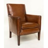 ARMCHAIR, mid 20th century studded mid brown leather with tapering supports, 65cm W.