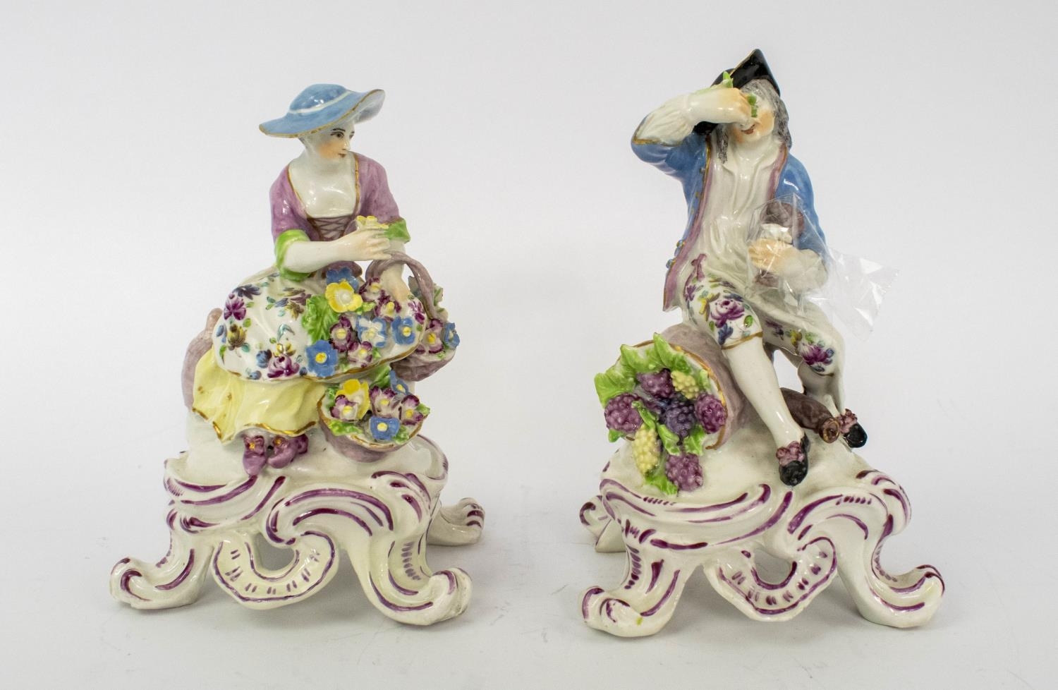 BOW PORCELAIN FIGURES, late 18th century Rococo, a lady with a basket of flowers and a gentleman