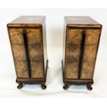 BEDSIDE CABINETS, a pair, Art Deco, burr walnut and ebonised, 74cm H x 32cm W x 48cm D. (2)