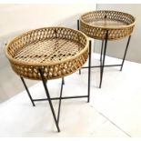 BAMBOO BASKET TOP SIDE TABLES, pair, 74cm x 60cm diam., metal frame supports. (2)