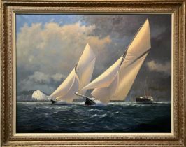 BRIAN JONES (1945-2018) RSMA, 'Sailing yacht and paddle steamer off the South Coast', oil on canvas,