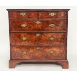 CHEST, early 18th century English Queen Anne burr walnut and crossbanded with two short and three