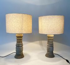 TABLE LAMPS, a pair, turned baluster column and stone effect, with shades, 66cm H. (2)
