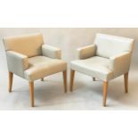 ARMCHAIRS, a pair, 1970's Scandinavian style grey leather with tapering supports, 66cm W. (2)