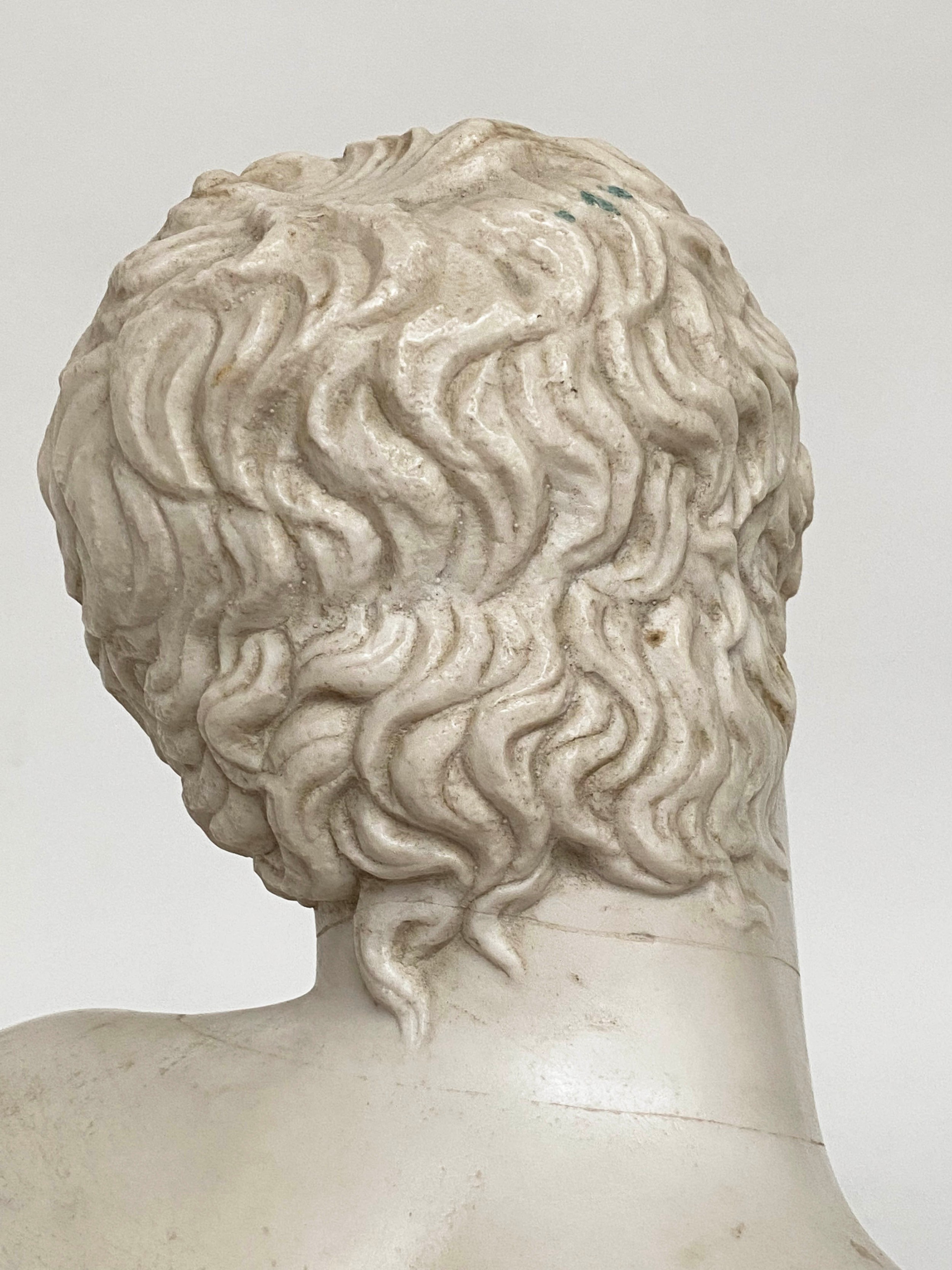 MARBLE BUST, white marble of a young man on circular plinth, 43cm H. - Image 6 of 10