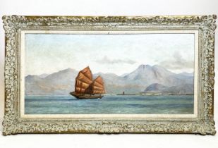 WILLIAM CUSHING LORING (American 1879-1959), 'Junk off Hong Kong', oil on canvas, 100cm x 50cm,