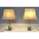 TABLE LAMPS, a pair, vase form duck egg blue ceramic and gilt metal mounted with shades, 68cm H. (2)