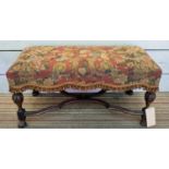 STOOL, 47cm H x 94cm x 43cm, William & Mary style walnut in floral and tasseled upholstery.
