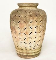 OLIVE JAR, stamped weathered terracotta with crescent piercing throughout, 76cm H.