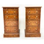 BEDSIDE CHESTS, a pair Victorian style burr walnut and crossbanded each with brushing slide and four