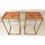 SIDE TABLES, a pair, 63cm high, 38cm wide, 30cm deep, 1970s Italian style, coppered tops on gilt