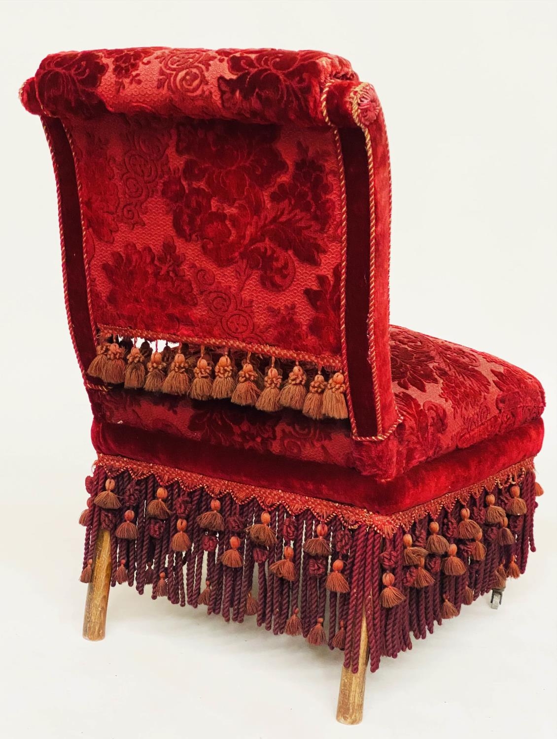 VICTORIAN PARLOUR CHAIR, retaining original, almost as new, crimson brocade and rope and tassle - Image 3 of 8
