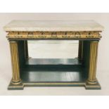 CONSOLE TABLE, Regency style green and lacquered, carved giltwood with shaped frieze fluted columns,