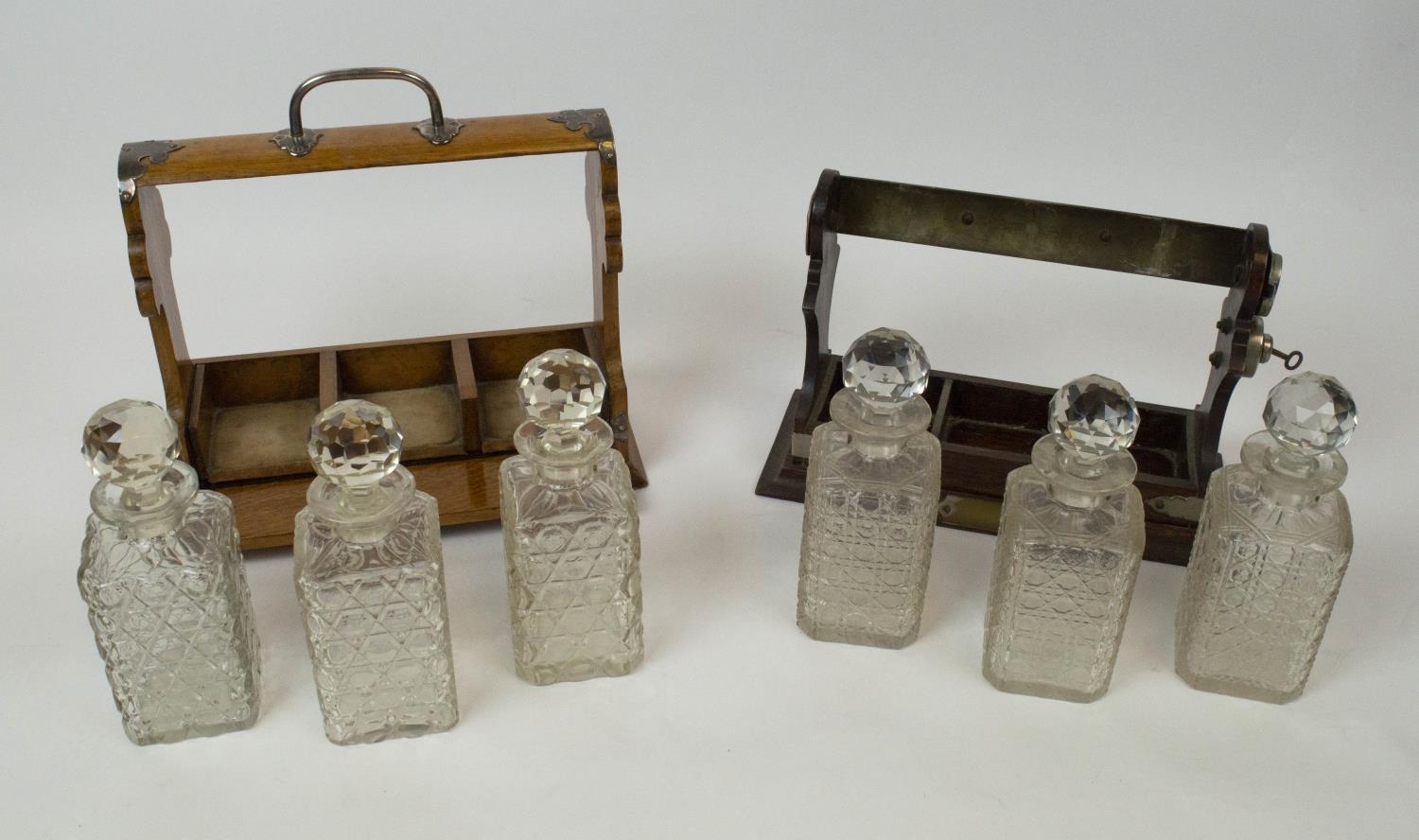 TANTALUSES , two, one Victorian oak, with silver plated mounts and three cut glass decanters - Bild 2 aus 6