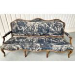 CANAPE, 19th century French Louis XV style beechwood framed with deep indigo-blue neoclassical toile