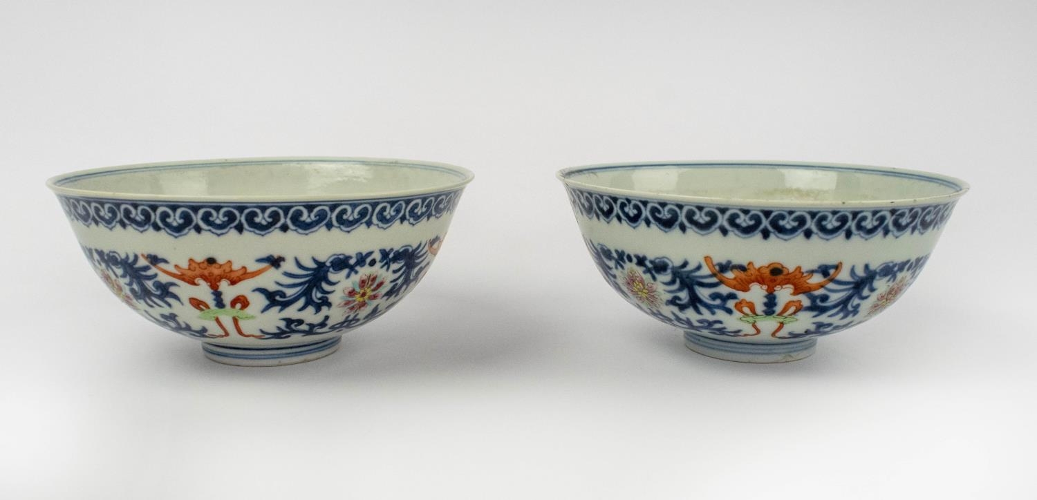 CHINESE DOUCAI ENAMELED BOWLS, a pair, underglaze blue with foliate enamel decoration character mark - Image 2 of 9