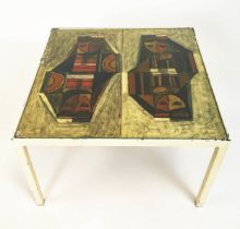 LOW TABLE, 33cm H x 51cm W x 51cm D, metal frame with inset glass and contemporary art decorated