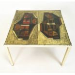 LOW TABLE, 33cm H x 51cm W x 51cm D, metal frame with inset glass and contemporary art decorated