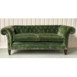 CHESTERFIELD SOFA, studded Royal green velvet deep button upholstered with scroll arms and square