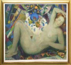 GLEB BOGOMOLOV (B 1933), 'Dreams, Reclining woman with fruit', oil on canvas, 93cm x 109cm.