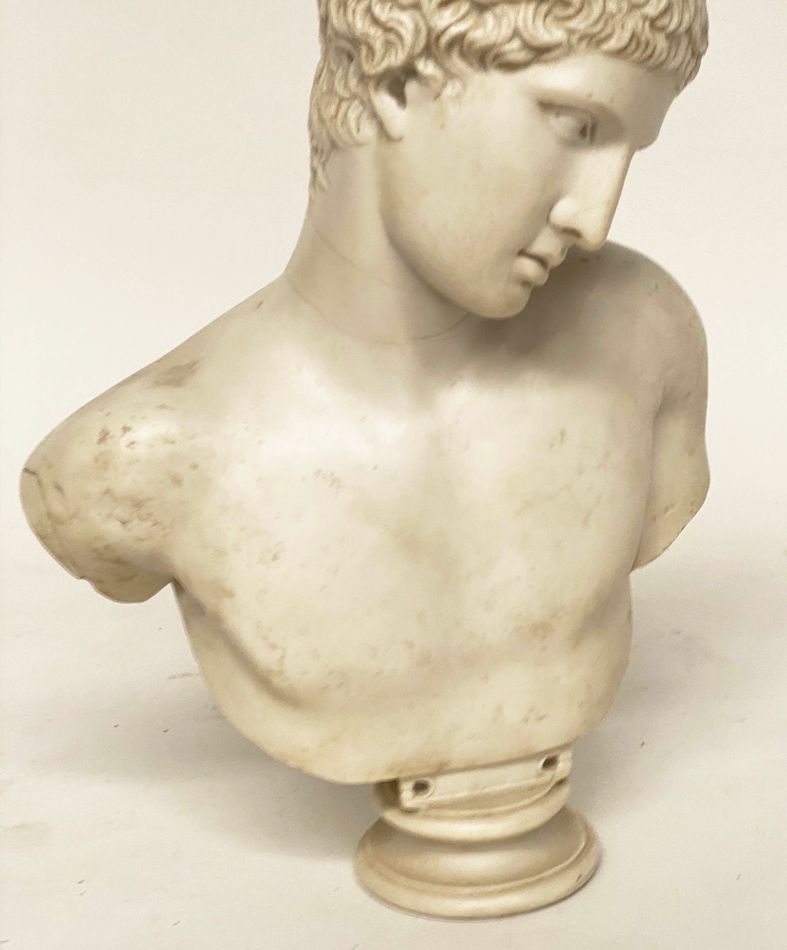 MARBLE BUST, white marble of a young man on circular plinth, 43cm H. - Image 4 of 10