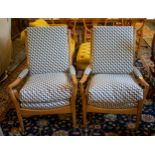 ARMCHAIRS, 92cm H x 65cm, a pair, mid 20th century beechwood in black and white upholstery. (2)