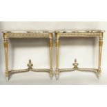 CONSOLE HALL TABLES, a pair, Italian early 20th century grey painted parcel, gilt with fluted