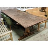 REFECTORY TABLE, 274cm L x 78cm H x 101cm D oak on trestle end supports joined by a stretcher.