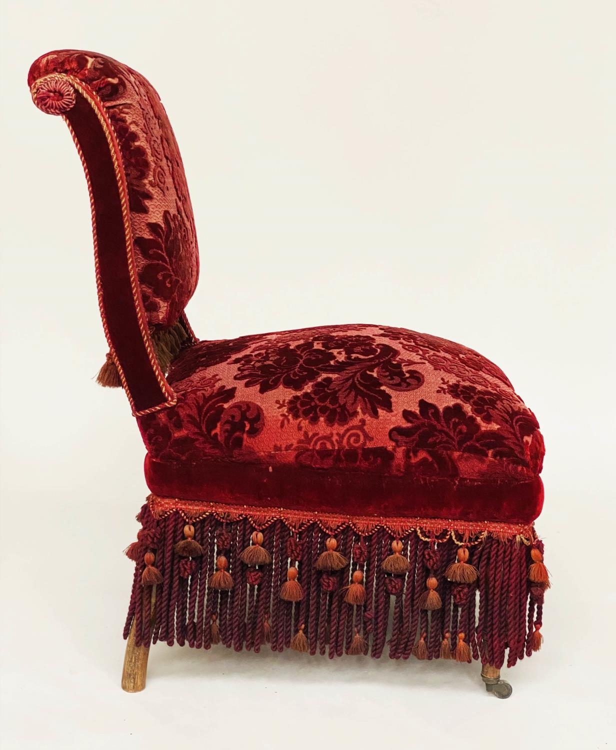 VICTORIAN PARLOUR CHAIR, retaining original, almost as new, crimson brocade and rope and tassle - Image 4 of 8