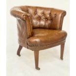 LIBRARY ARMCHAIR, Edwardian buttoned and studded mid brown leather with rounded back and tapering