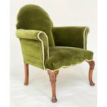 ARMCHAIR, Queen Anne style walnut, Royal green velvet with arched back and carved cabriole supports,