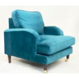 ARMCHAIR, contemporary ocean blue velvet upholstery, with turned front supports and gilt metal