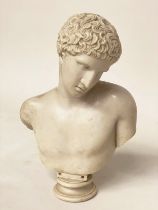 MARBLE BUST, white marble of a young man on circular plinth, 43cm H.
