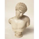 MARBLE BUST, white marble of a young man on circular plinth, 43cm H.