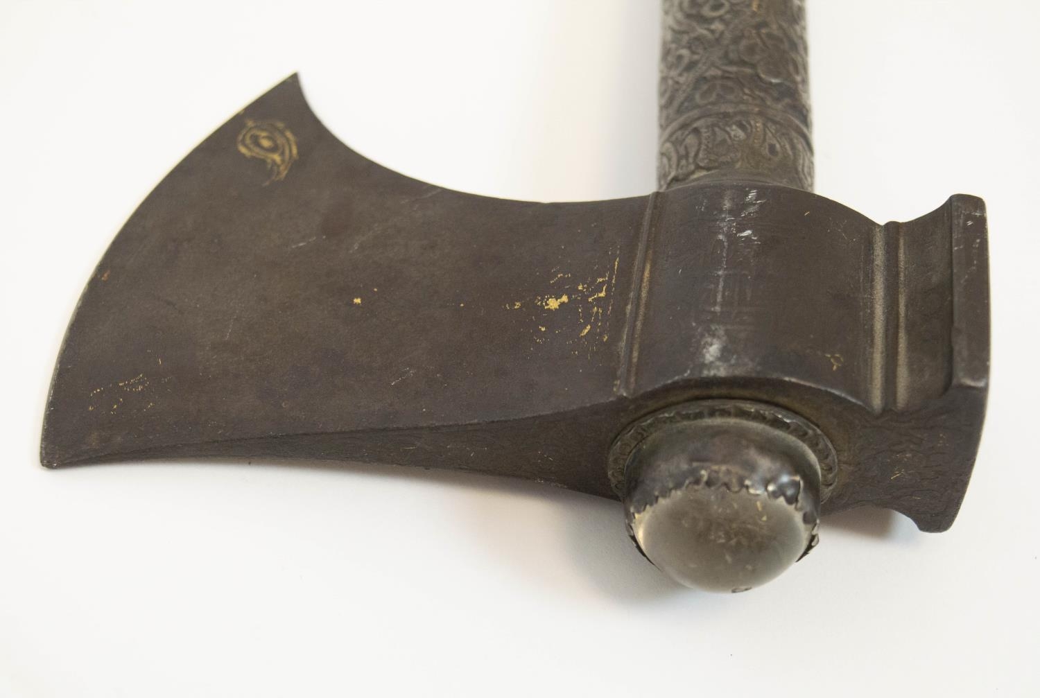 A 'TARBARZIN' PERSIAN SADDLE AXE, 19th century, traces of gilt decoration to blade with rock crystal - Image 7 of 9