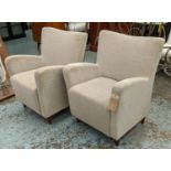 ARMCHAIRS, a pair, 90cm H, 1950s Italian style, neutral fabric upholstered finish. (2)