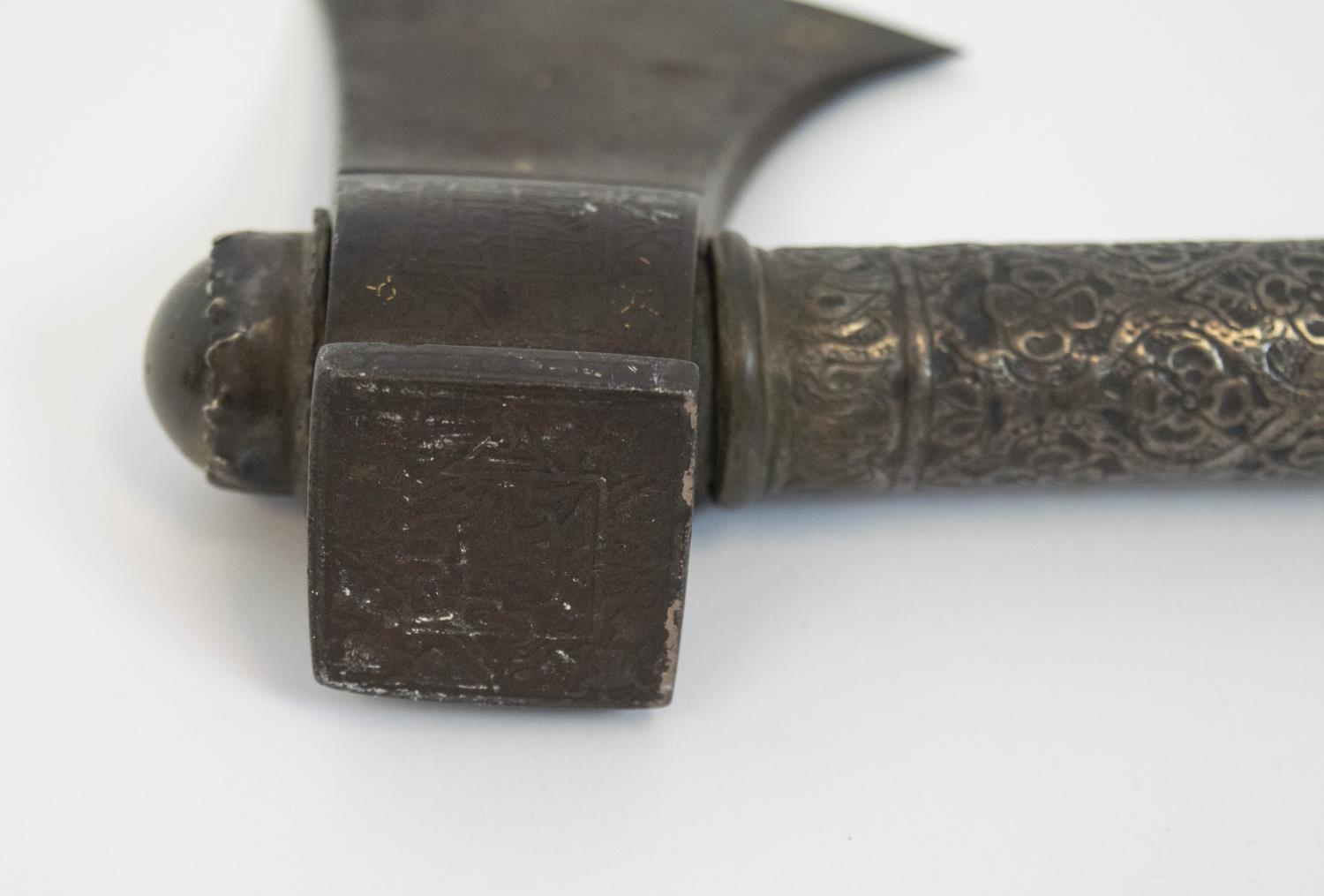 A 'TARBARZIN' PERSIAN SADDLE AXE, 19th century, traces of gilt decoration to blade with rock crystal - Image 6 of 9