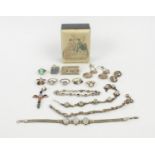 COLLECTION OF SILVER AND PEARL JEWELLERY, comprising a cabouchon set cross pendant with multiple