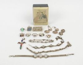 COLLECTION OF SILVER AND PEARL JEWELLERY, comprising a cabouchon set cross pendant with multiple