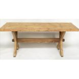 FARMHOUSE TABLE, 19th century continental pine with thick planked and cleated top and twin X