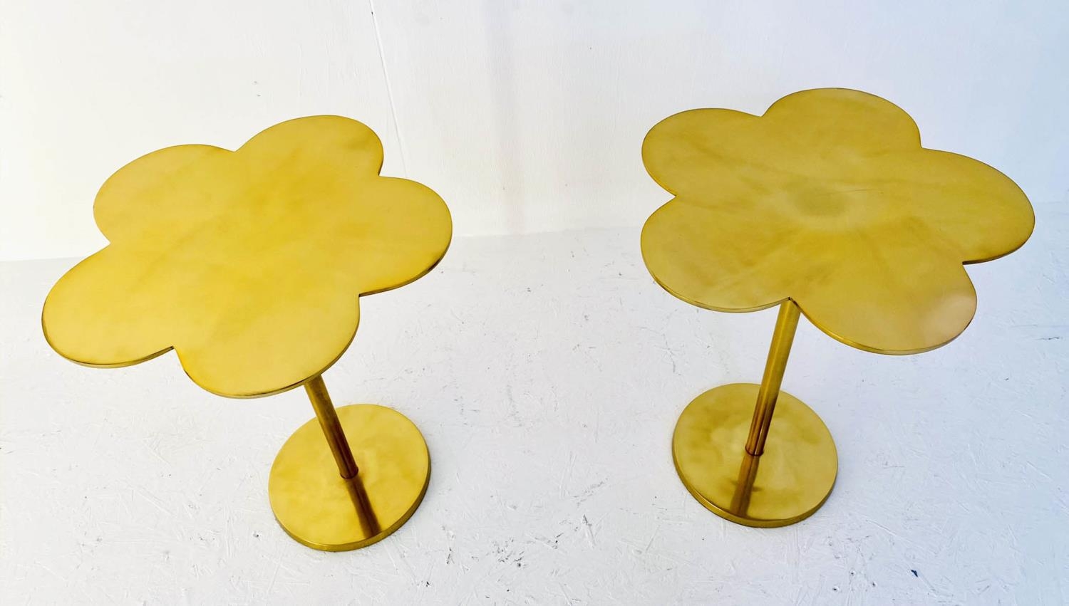 CLOVER LEAF TABLES, a pair, 51cm high, 41cm diameter, gilt metal (2)