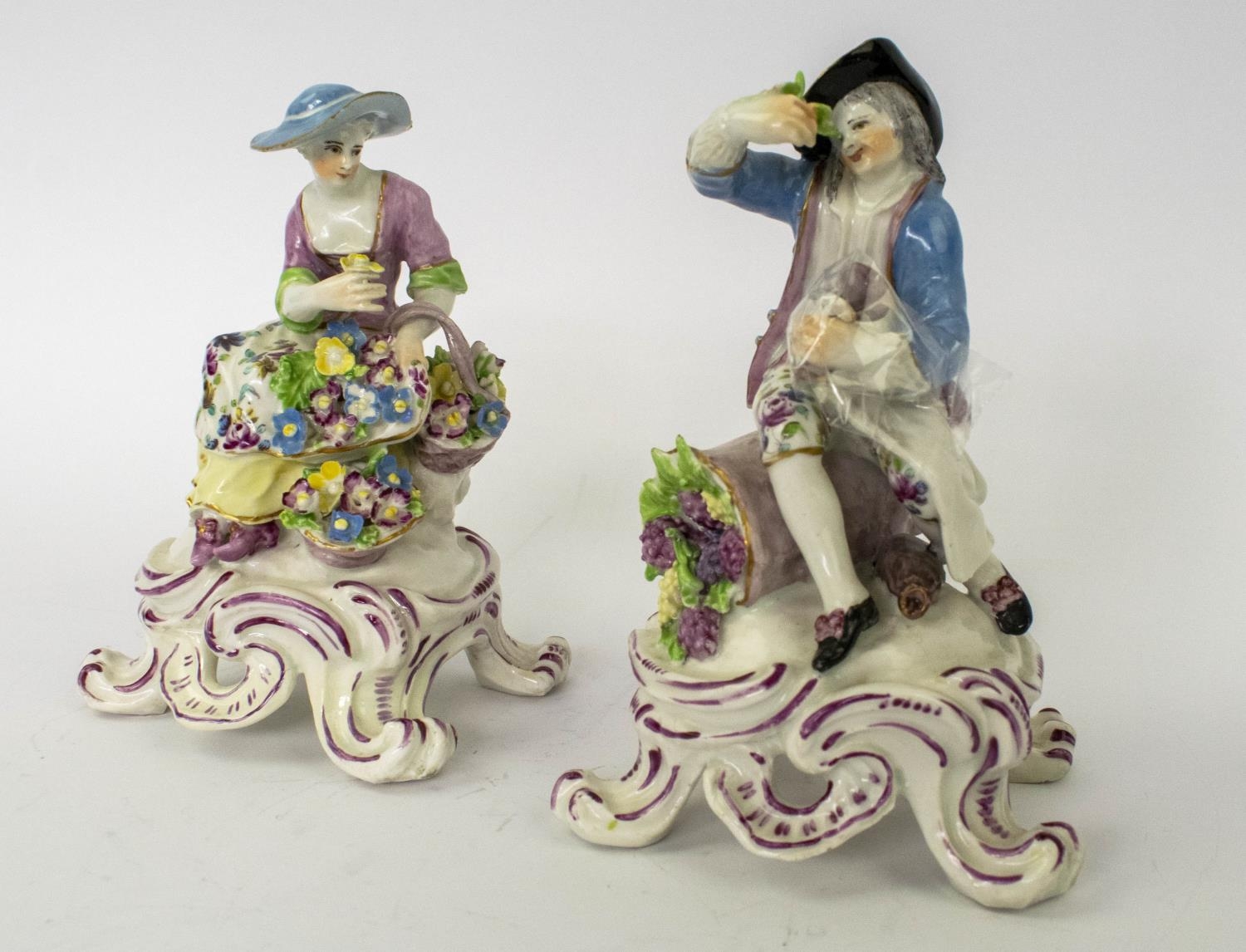 BOW PORCELAIN FIGURES, late 18th century Rococo, a lady with a basket of flowers and a gentleman - Image 2 of 6