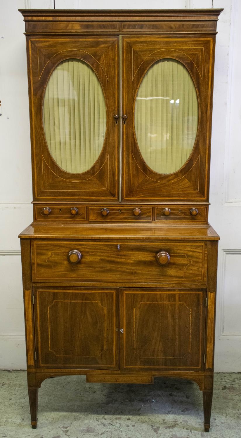 SECRETAIRE CABINET, 190cm H x 87cm W x 49cm D, George III mahogany and satinwood, circa 1800, with