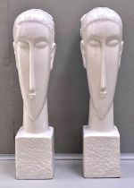 CONTEMPORARY SCHOOL SCULPTURAL BUSTS, a pair, white glazed ceramic, 60cm x 14cm x 15cm (2)