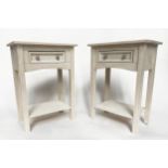 LAMP TABLES, 73cm H x 53cm W x 35cm D, a pair, traditionally grey painted each with single frieze