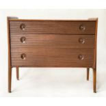 MANNER OF RICHARD HORNBY CHEST, 1970s teak with three long reeded front drawers, 90cm x 45cm x