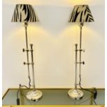 LIBRARY TABLE LAMPS, a pair,60cm high, 20cm diameter, height adjustable with faux zebra shades.